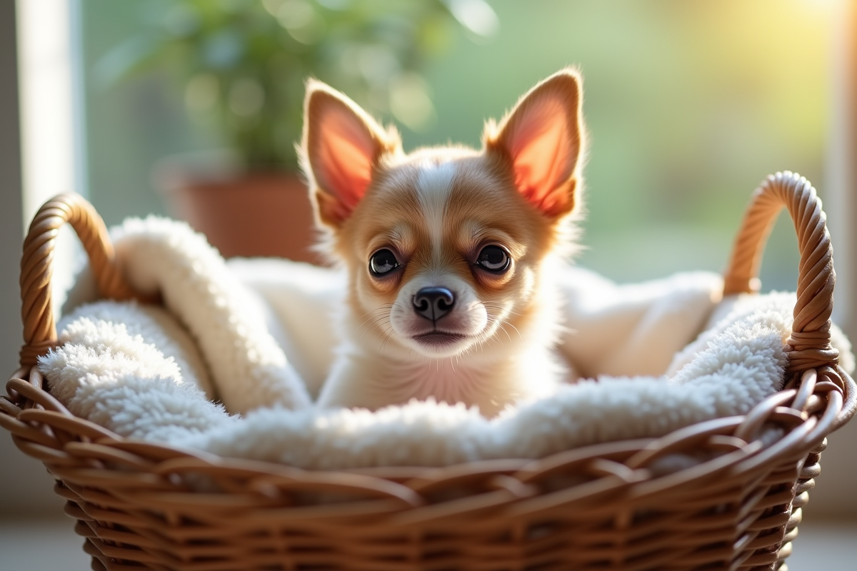 Chiot chihuahua dans un panier en osier avec couvertures