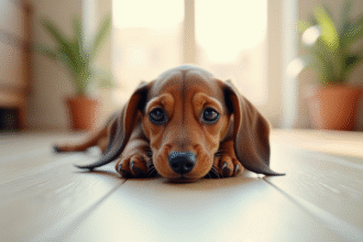 Chiot dachshund joueur sur sol en bois clair