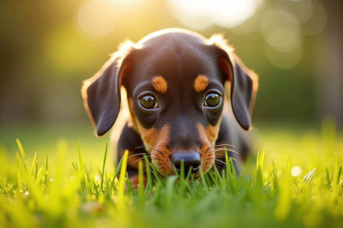 Chiot dachshund curieux dans un jardin ensoleille