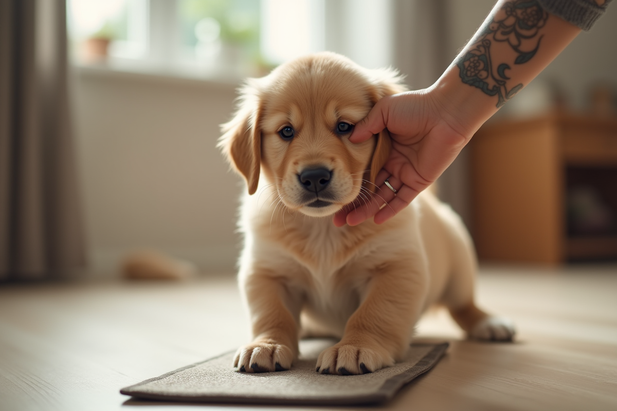 Jeune chiot golden retriever félicité après entraînement