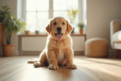 Chiot golden retriever assis dans un salon lumineux
