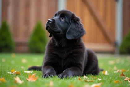 Chiot Terre Neuve noir assis sagement dans un jardin verdoyant lors d'une séance d'éducation à la propreté