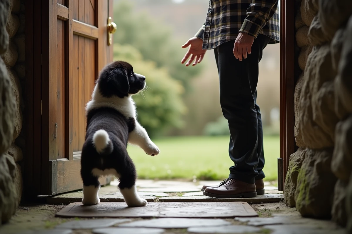 Chiot Terre Neuve apprenant à sortir seul pour ses besoins avec l'aide bienveillante de son maître