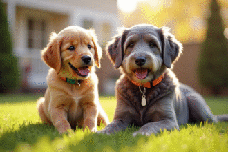 Chiot golden retriever joyeux avec un chien gris âgé