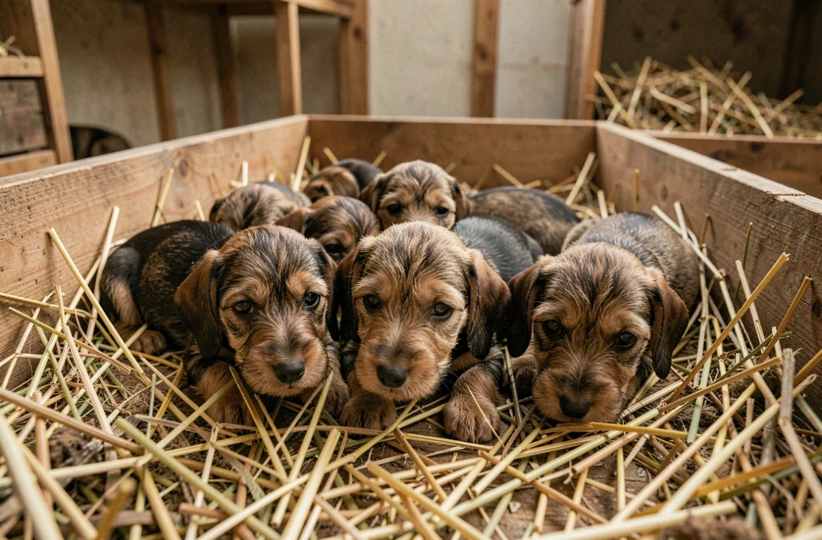 Portée de chiots teckels Kaninchen à poil dur dans une caisse de mise bas propre et bien entretenue dans un élevage sérieux
