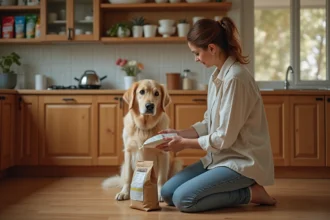 Femme lisant l'étiquette nutritionnelle d'un sac de croquettes pour chien dans une cuisine moderne, avec un golden retriever assis à ses côtés
