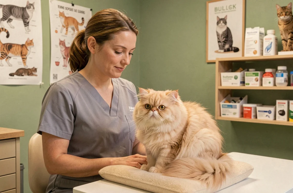Une vétérinaire spécialiste des félins de La Clinique du Chat à Rouen examine un chat persan dans un environnement apaisé