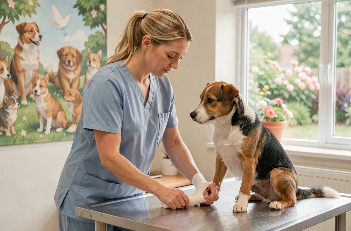 Vétérinaire bandant la patte d'un petit chien à la Clinique vétérinaire du Blosne à Rennes