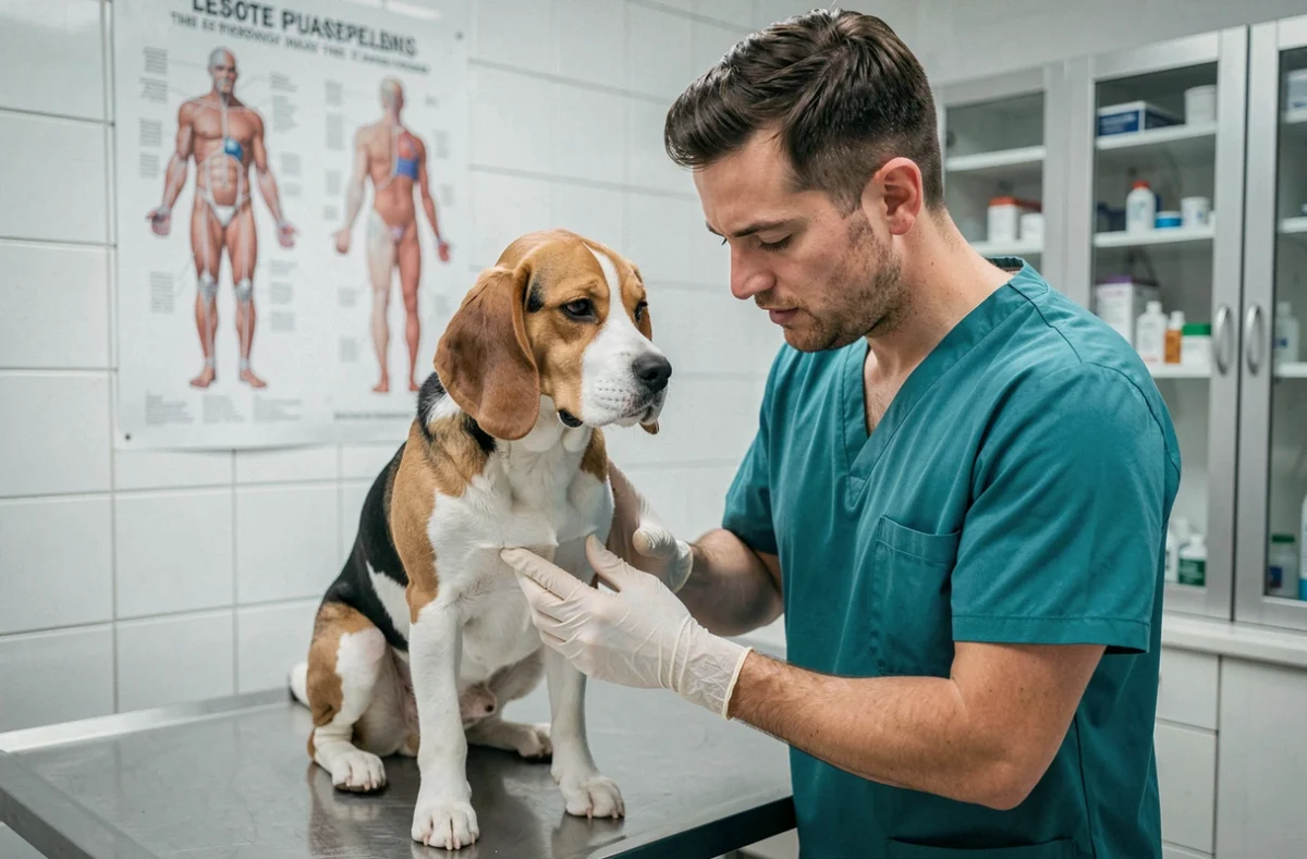 Vétérinaire examinant un beagle sur une table d'examen à la Clinique vétérinaire Bouharaoua et Neveu