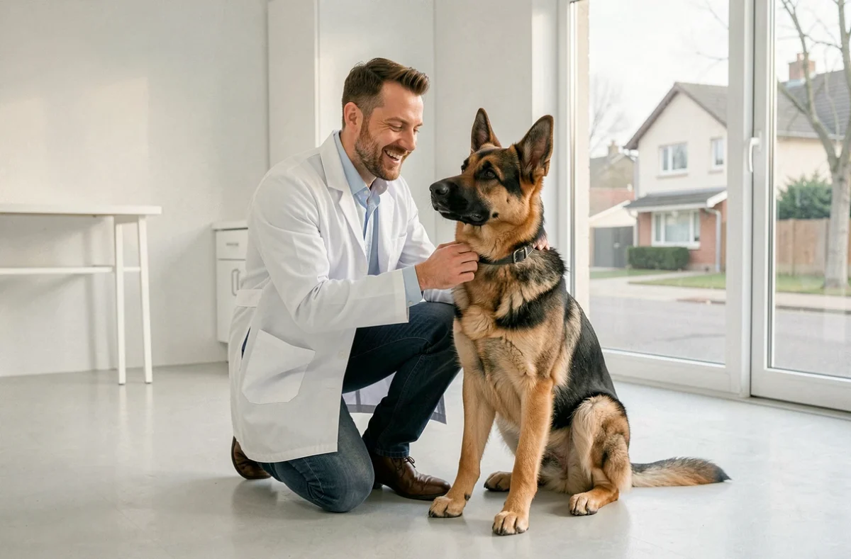 Vétérinaire examinant un berger allemand dans la salle de consultation de la Clinique vétérinaire de Bruz