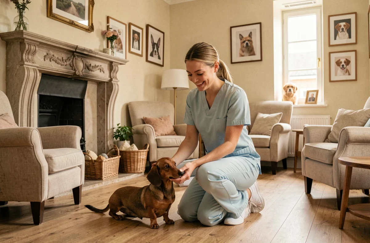 Une vétérinaire de la clinique CALM Comme à la Maison à Deauville réconforte un petit teckel dans un cadre chaleureux