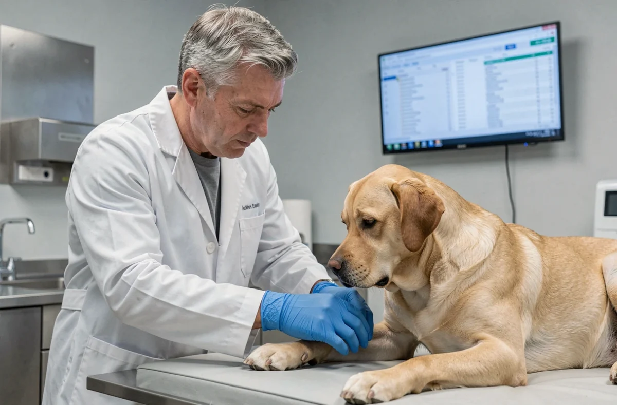 Vétérinaire inspectant la patte d'un labrador dans la Clinique vétérinaire de Cesson à Rennes