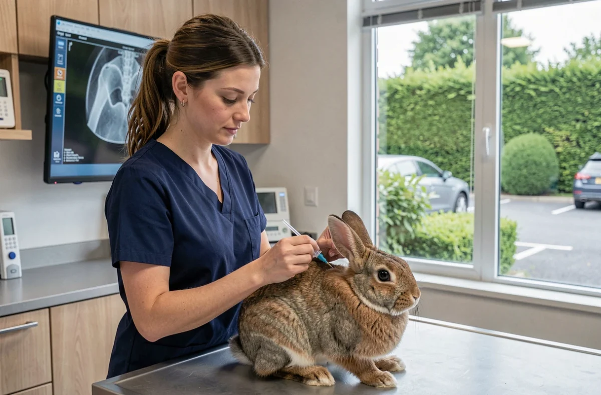 Une technicienne vétérinaire de la Clinique vétérinaire des Bruyères à Saint-Étienne-du-Rouvray vaccine un lapin
