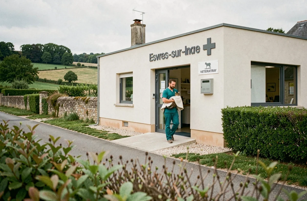 Extérieur de la clinique vétérinaire EvenVet à Esvres avec un vétérinaire tenant un chat
