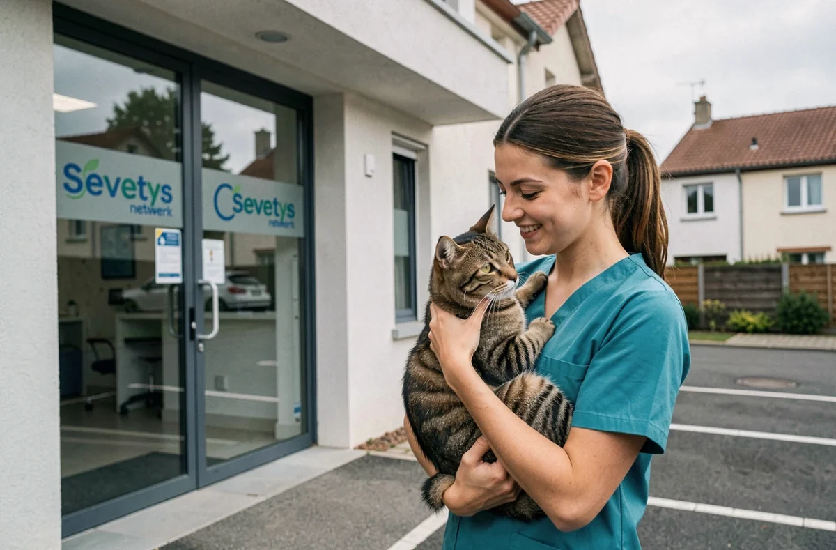 Clinique vétérinaire Sevetys de Fondettes avec une vétérinaire tenant un chat devant l'entrée