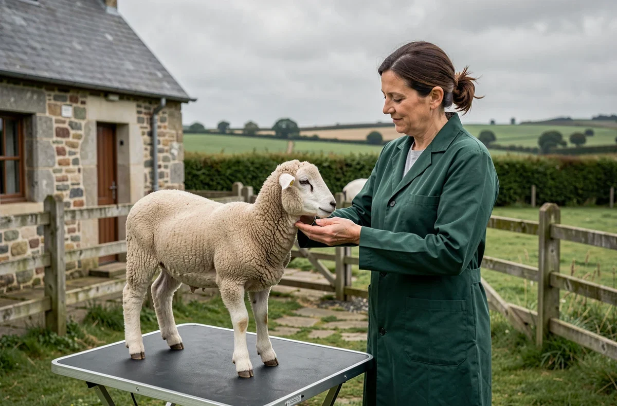 Vétérinaire examinant un mouton en milieu rural à la Clinique vétérinaire des Marches de Bretagne