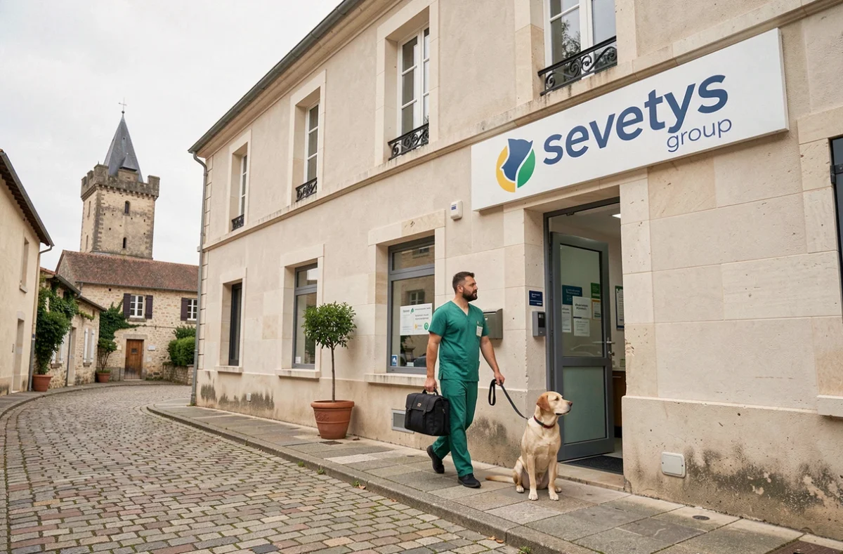 Clinique vétérinaire Sevetys de Montbazon avec un vétérinaire et un Labrador devant l'entrée