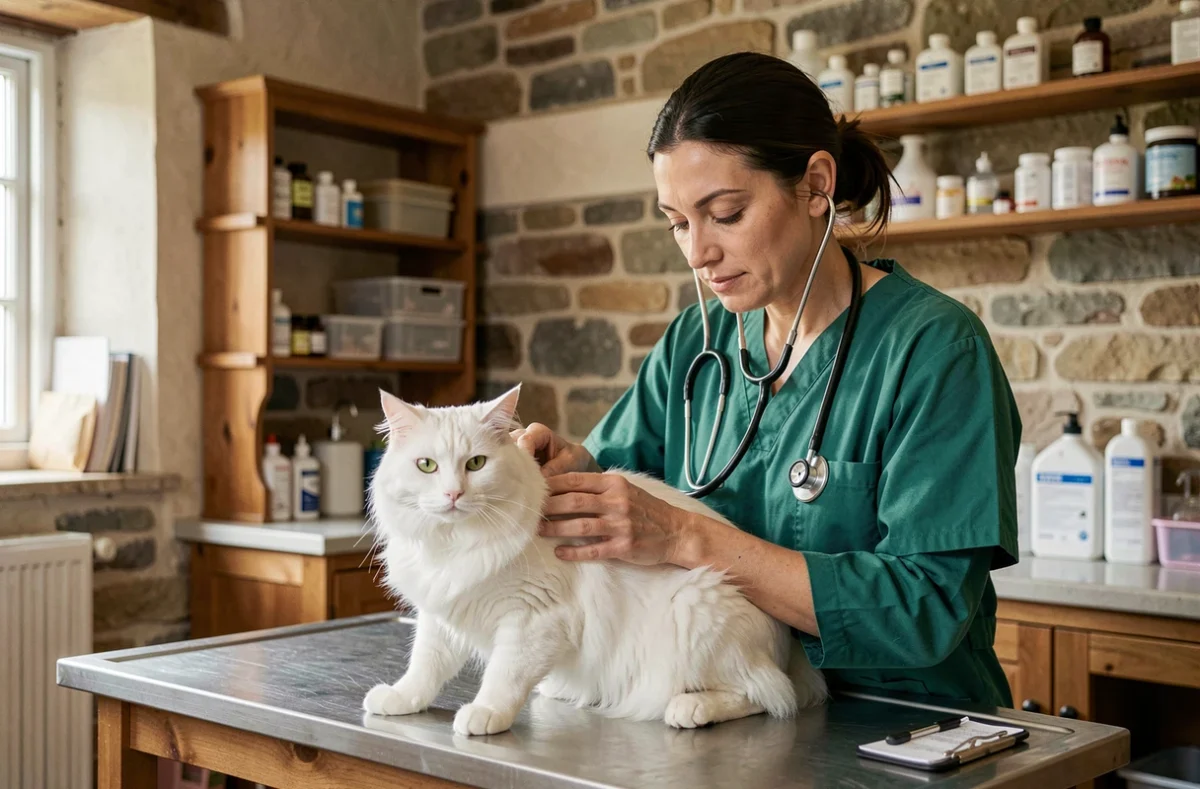 Vétérinaire ausculant un chat blanc dans la salle d'examen de la Clinique vétérinaire de la Motte-Brûlon