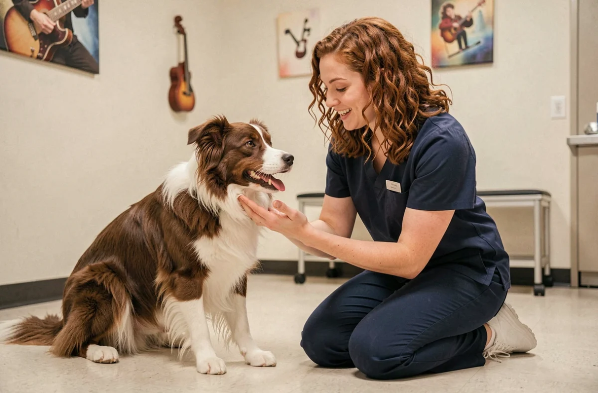 Vétérinaire jouant avec un border collie dans la Clinique vétérinaire des Music'Chiens à Rennes