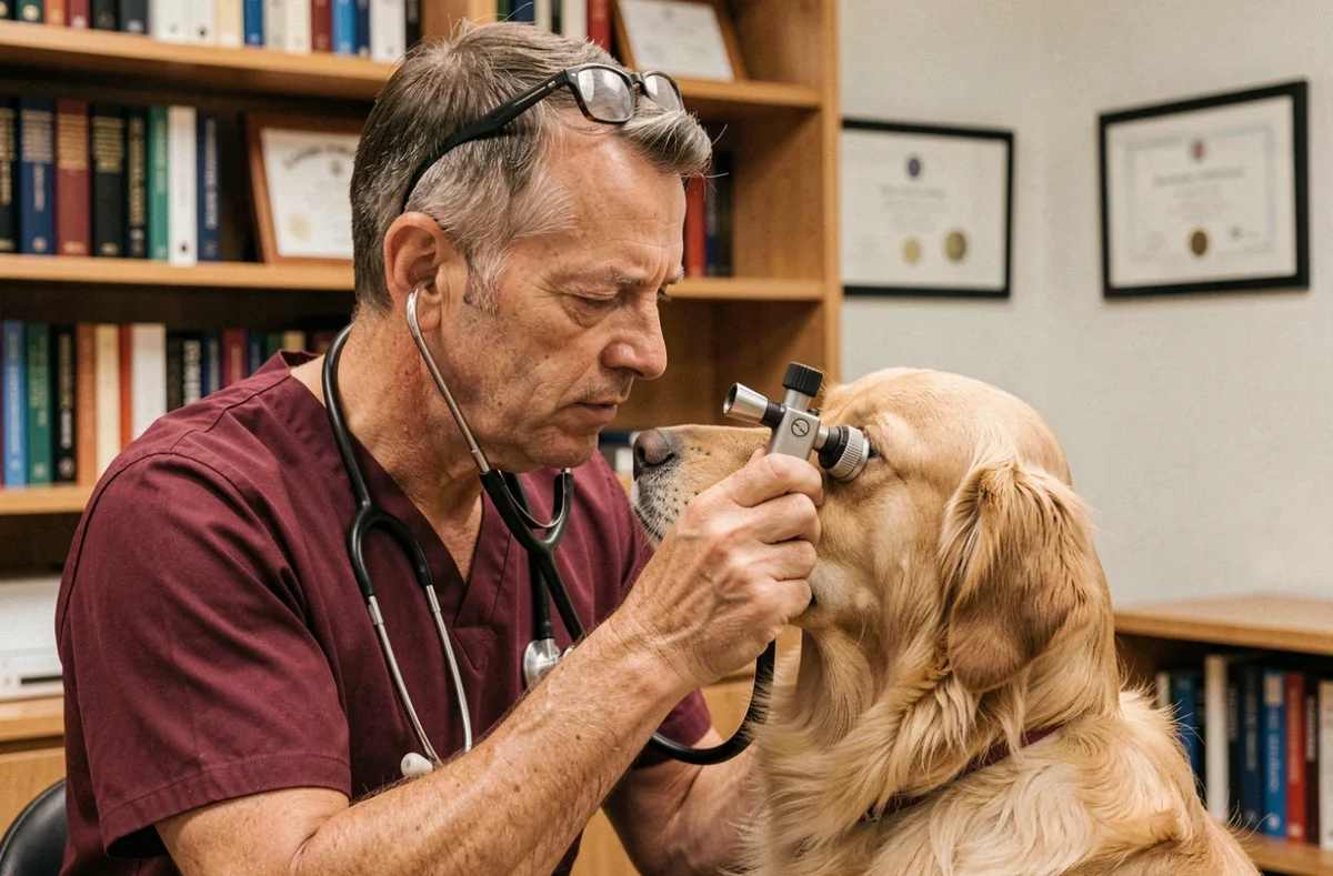 Vétérinaire réalisant un examen oculaire sur un golden retriever à la Clinique vétérinaire du Pays de Fougères