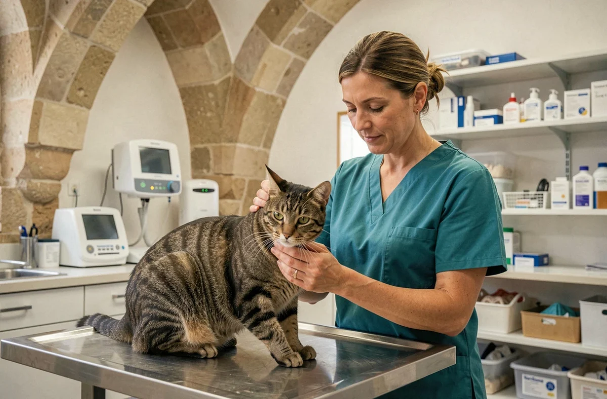 Une vétérinaire de la Clinique vétérinaire de la Porte de Nacre à Caen examine un chat tigré avec soin
