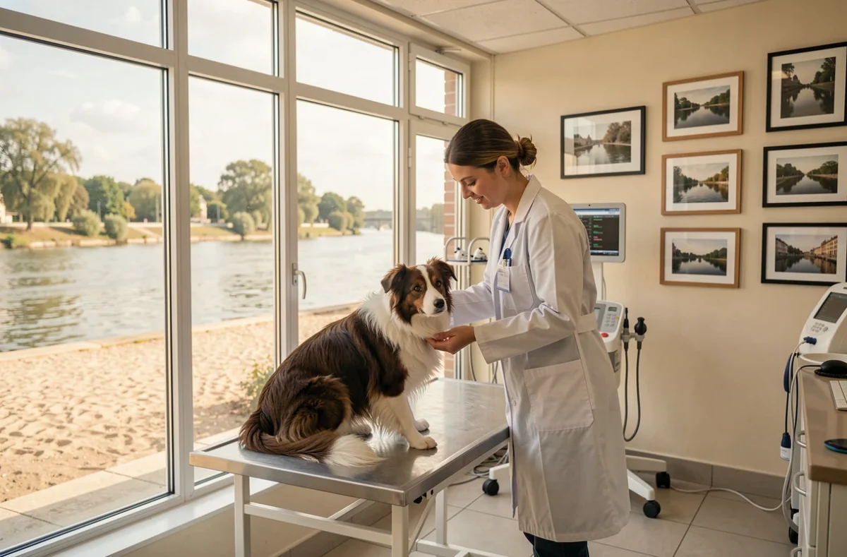 Clinique vétérinaire des Quais de la Loire à Tours avec vue sur le fleuve et une vétérinaire examinant un Border Collie