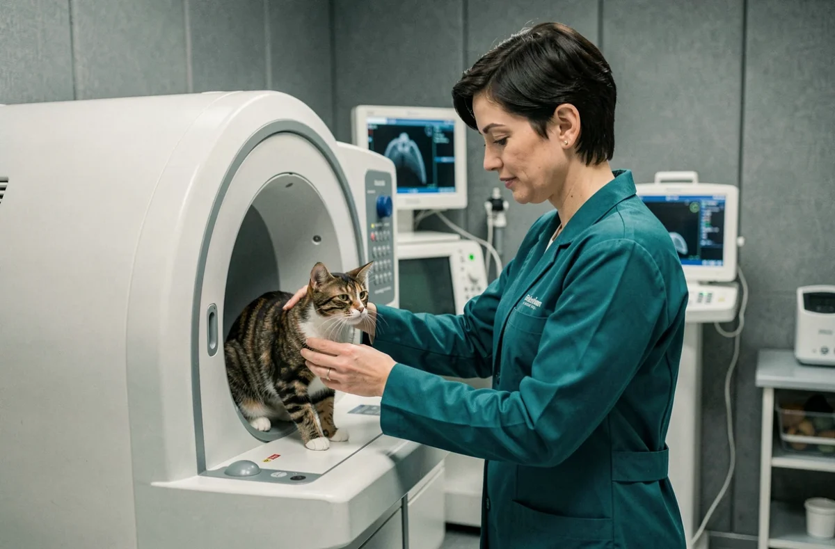 Vétérinaire préparant un chat pour un examen d'imagerie à la Clinique vétérinaire de Redon