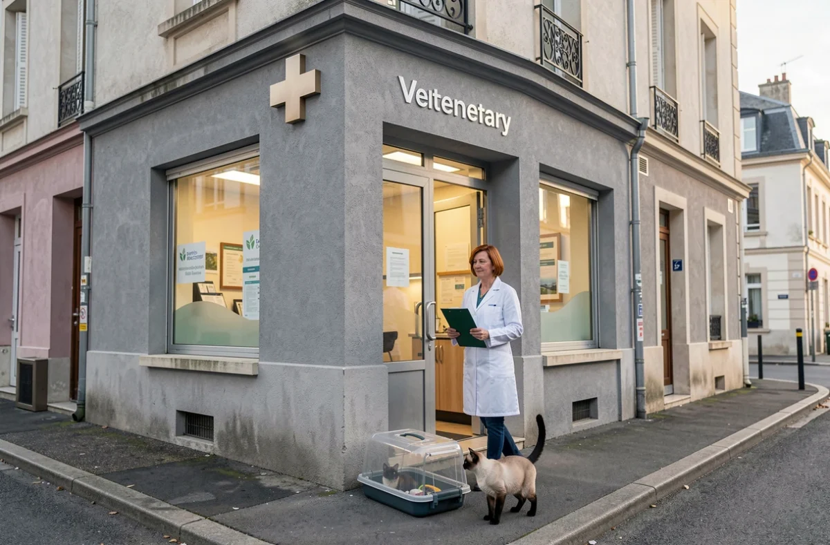 Clinique vétérinaire Saint-Pierre-des-Corps avec une vétérinaire et un chat siamois devant l'entrée