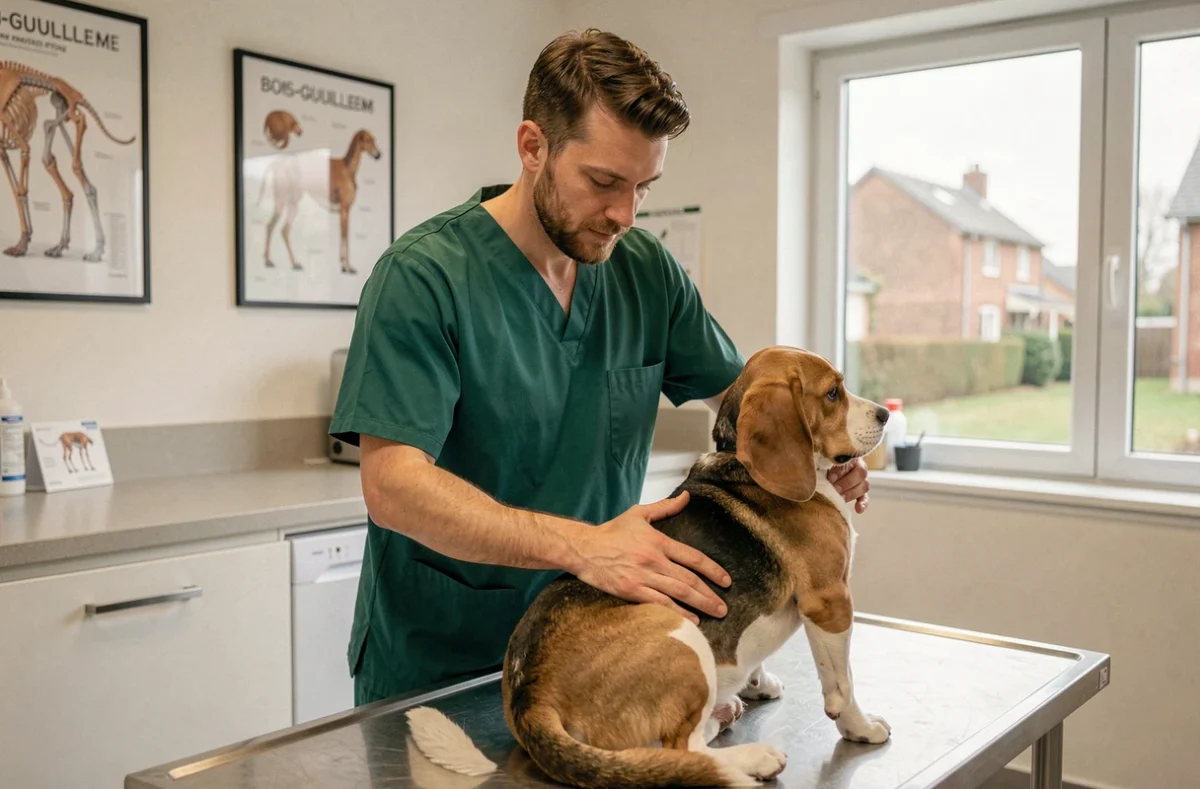 Un vétérinaire de la Clinique vétérinaire Sainte-Venise à Bois-Guillaume examine un beagle sur la table de consultation
