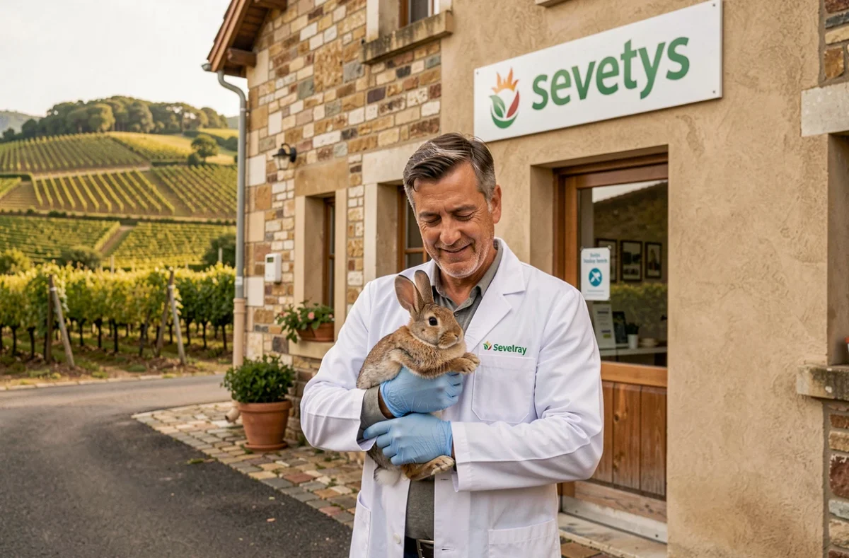 Clinique vétérinaire Sevetys de Vouvray avec un vétérinaire tenant un lapin, vignes en arrière-plan