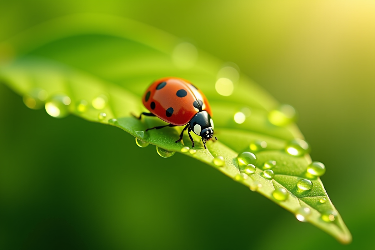 Coccinelle sur une feuille verte avec gouttes de rosée
