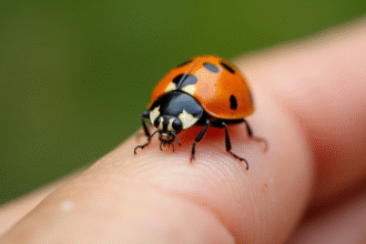 Gros plan d'une coccinelle colorée sur une main humaine