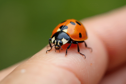 Gros plan d'une coccinelle colorée sur une main humaine