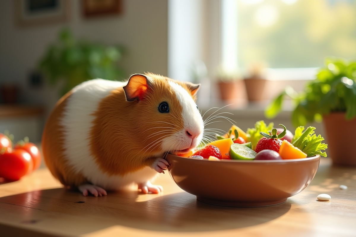 Cochon d'Inde mangeant un mélange coloré de légumes frais