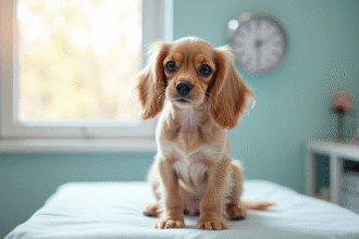 Cocker spaniel assis sur une table d'examen vétérinaire