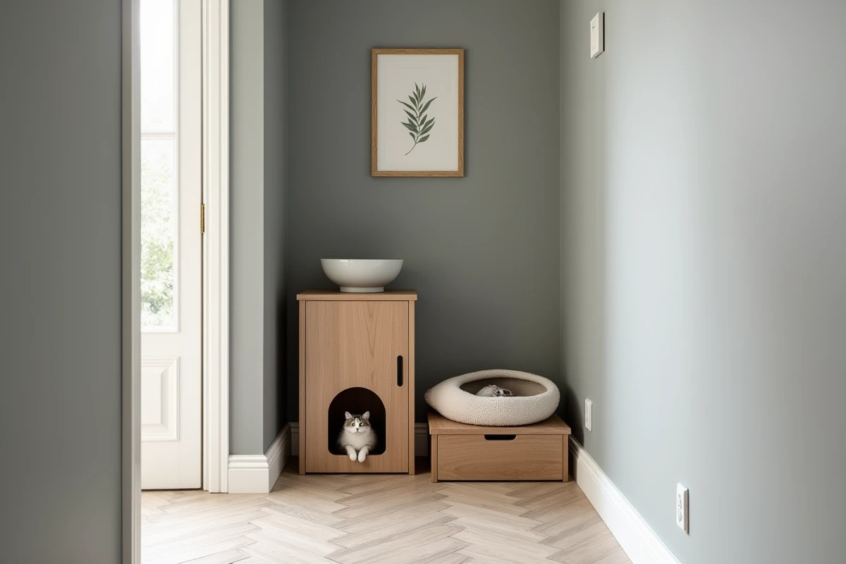 Coin bien-être félin aménagé dans un couloir avec fontaine à eau, litière couverte et panier douillet pour chat