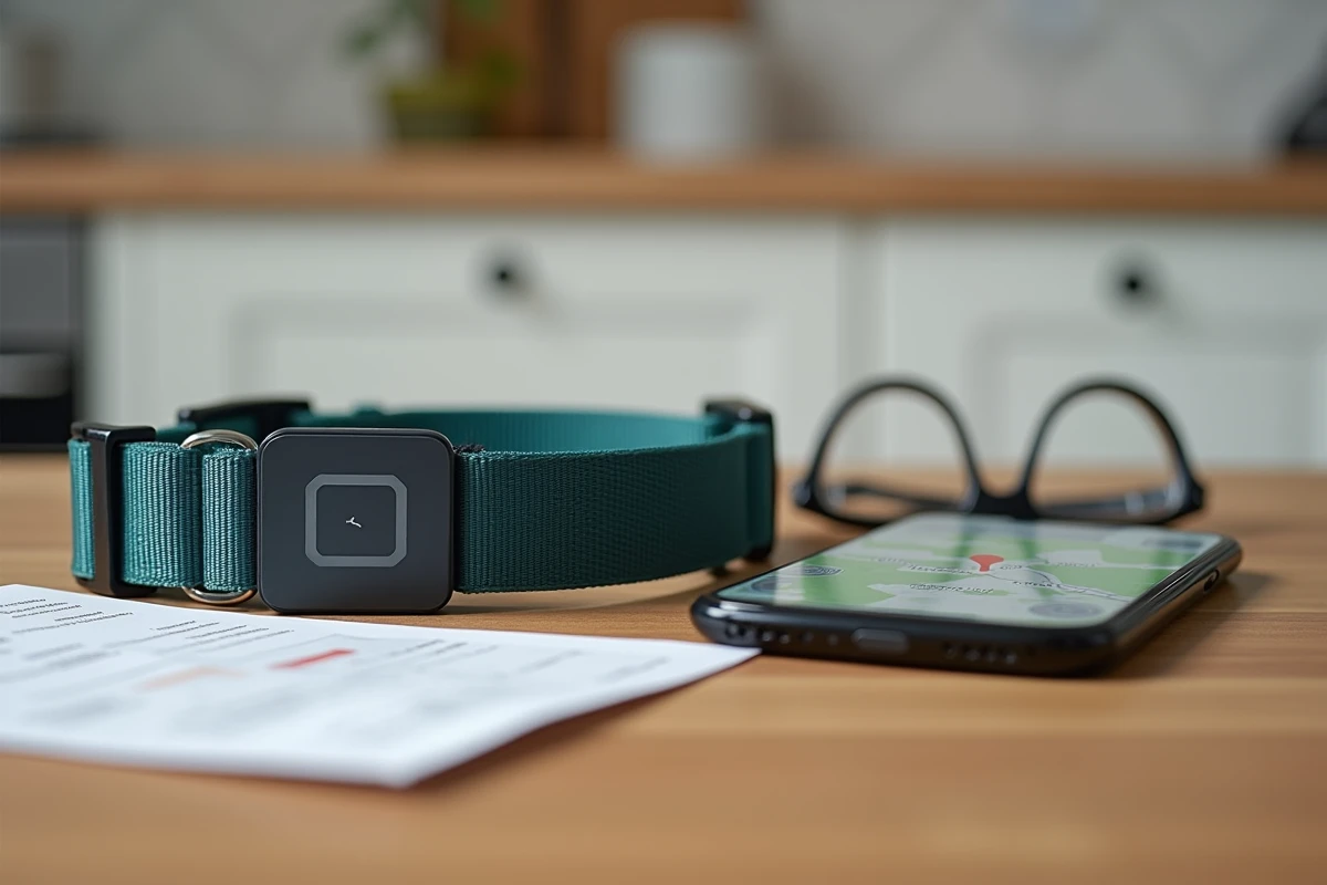 Collier GPS sans abonnement pour chien posé sur une table en bois à côté d'un smartphone affichant une carte de localisation