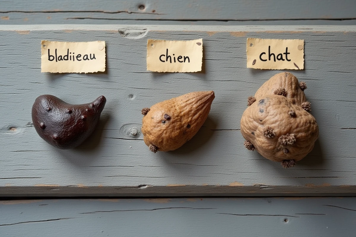 Comparaison côte à côte de crottes de blaireau, de chien et de chat posées sur une planche en bois, avec étiquettes naturalistiques pour identification