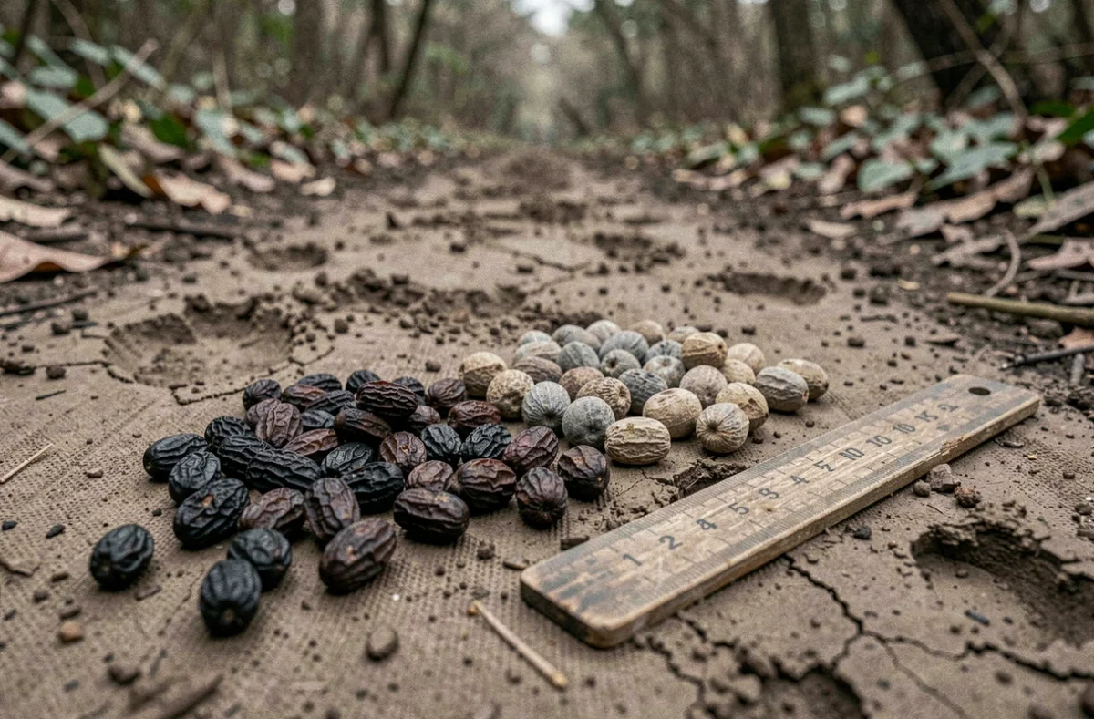 Comparaison de crottes de sanglier fraîches et sèches sur un sentier boueux, montrant l'évolution de la couleur et de la texture