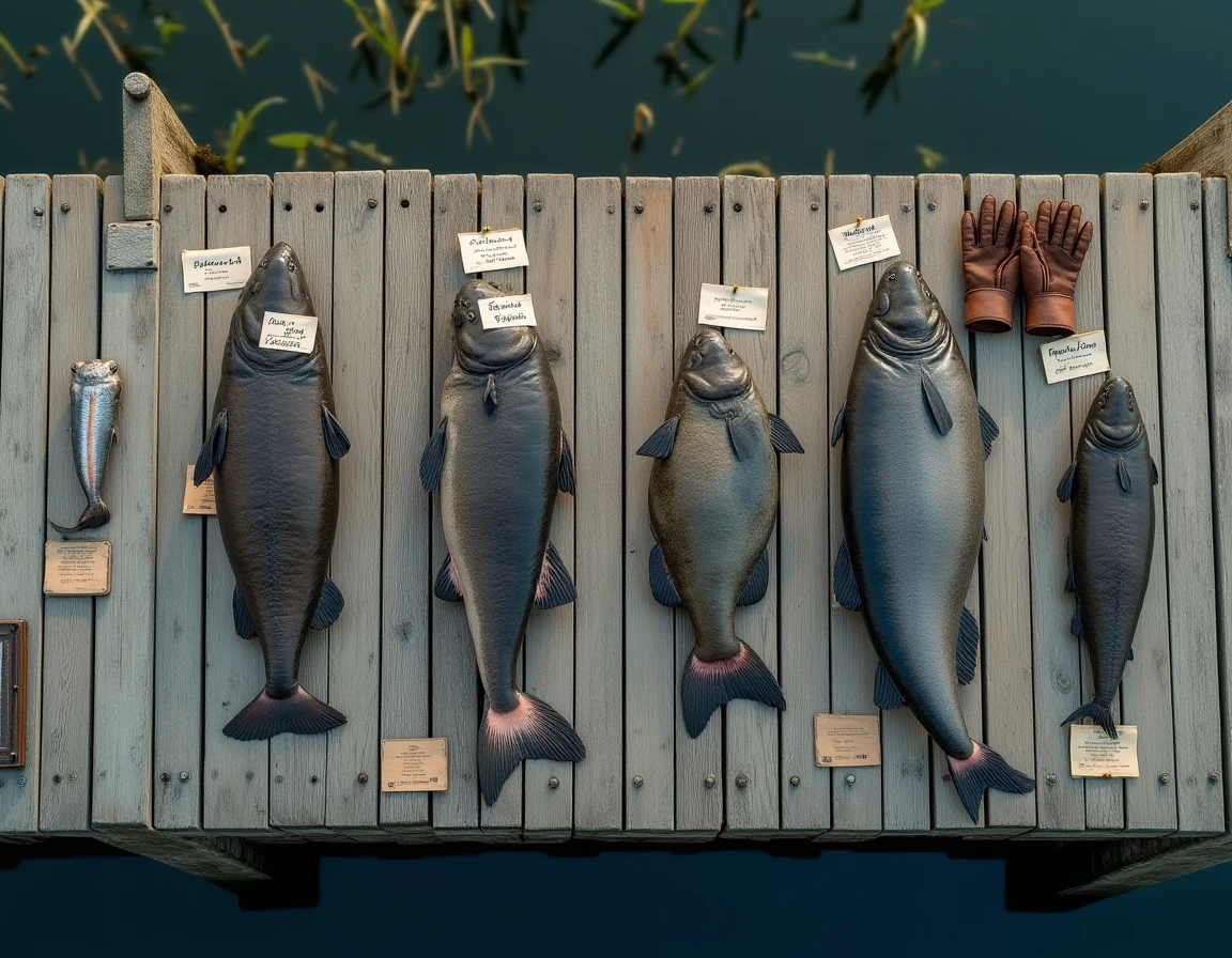 Comparaison à plat sur un ponton en bois des plus grands poissons d'eau douce du monde dont le silure européen, l'arapaïma et l'esturgeon