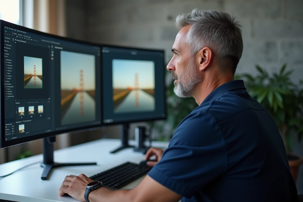 Photographe masculin comparant une image originale et une image restaurée sur un logiciel de retouche photo professionnel