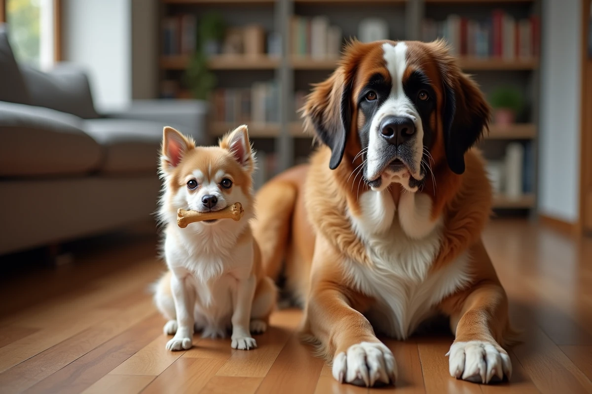 Comparaison morphologique de la mâchoire entre un chihuahua et un saint-bernard tenant des os à mâcher