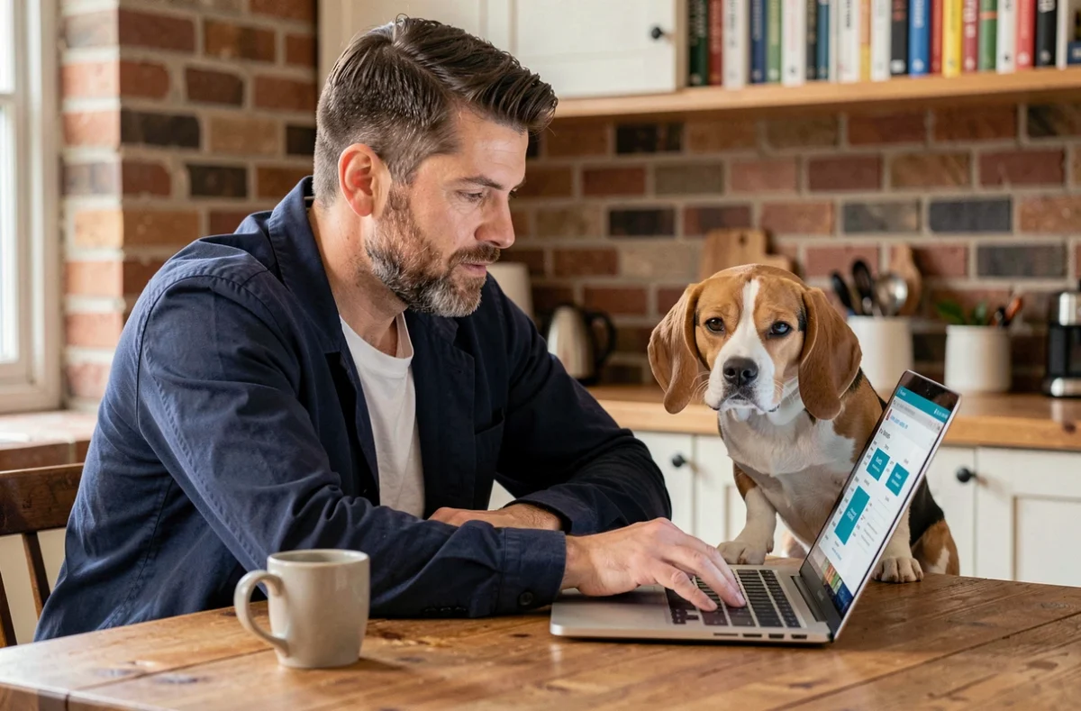 Homme comparant des offres d'assurance chien sans franchise sur ordinateur portable avec son beagle