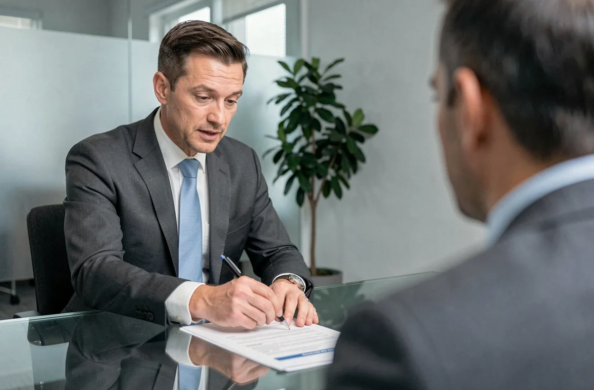Conseiller financier expliquant les clauses d'une assurance emprunteur à un client en agence