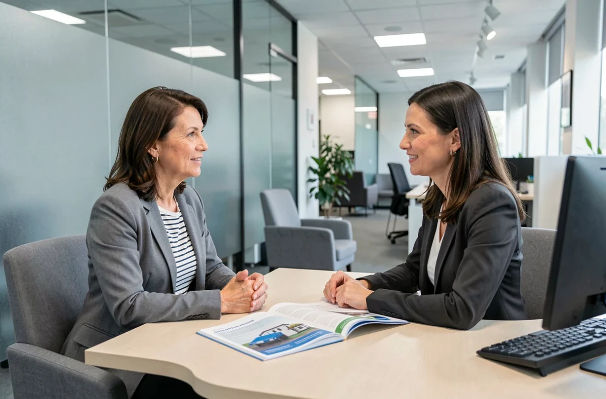 Femme en entretien avec un conseiller bancaire pour discuter d'une assurance emprunteur sur un prêt consommation
