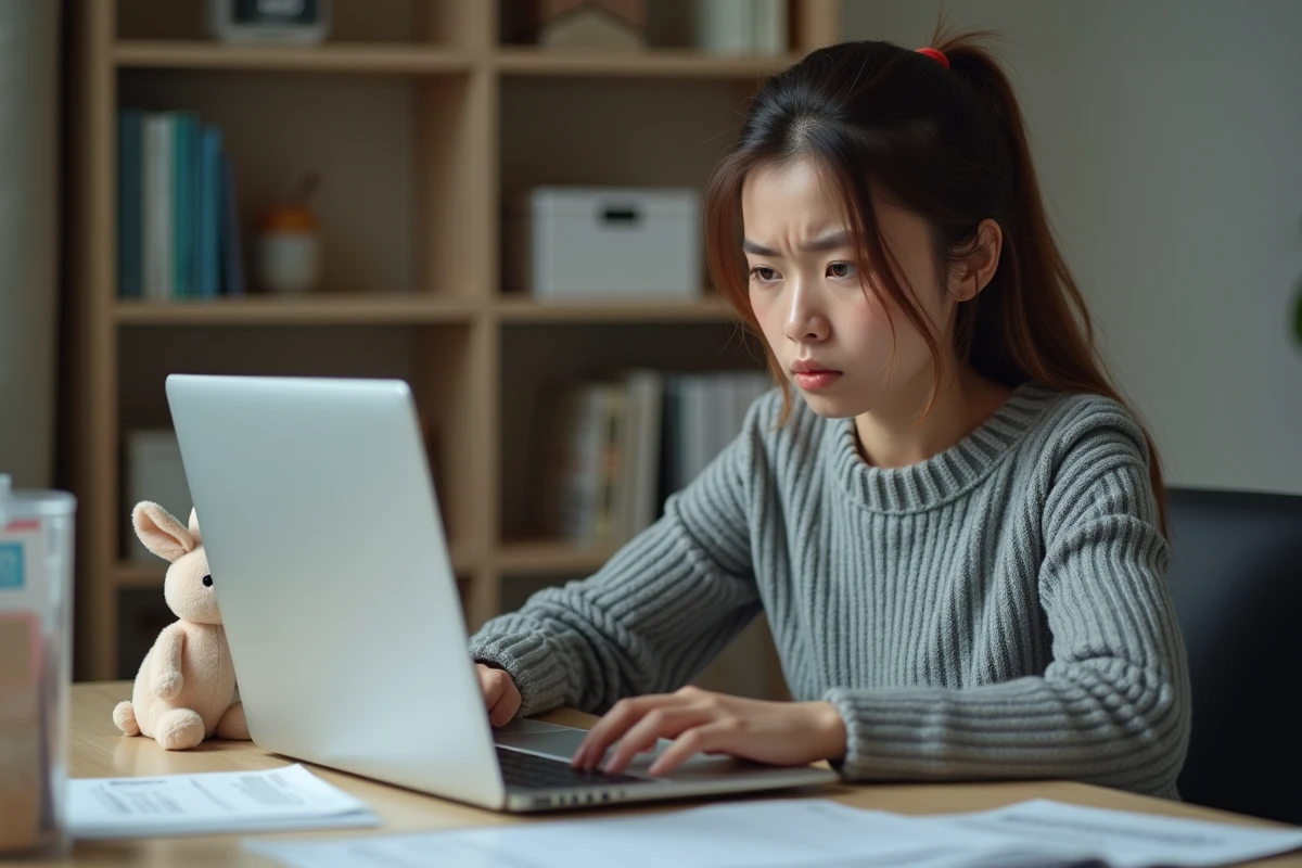 Femme consultant une facture douanière et un bon de livraison chinois à côté d'un jouet-lapin en peluche sur un bureau à domicile