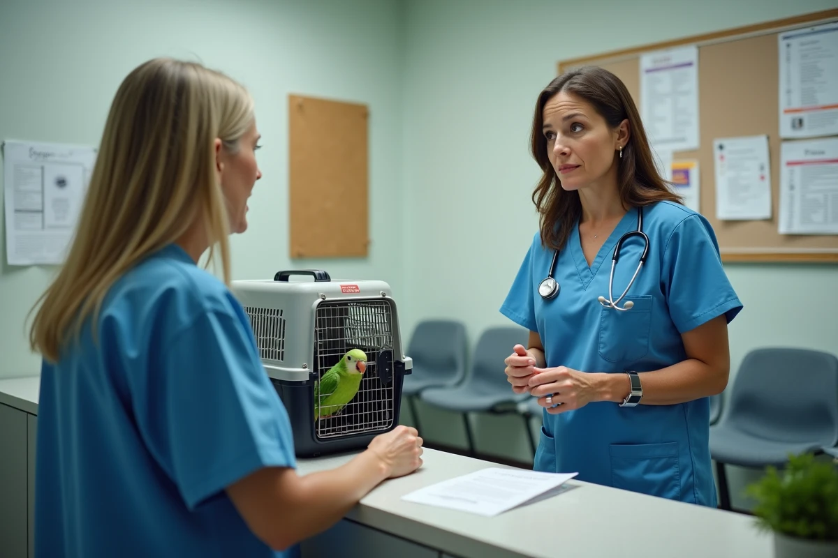Technicienne vétérinaire conseillant une propriétaire d'oiseau sur les soins NAC économiques en clinique