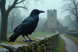 Corbeau noir perché sur un vieux mur de pierre moussu dans un paysage brumeux évoquant les contes et légendes