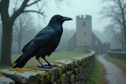 Corbeau noir perché sur un vieux mur de pierre moussu dans un paysage brumeux évoquant les contes et légendes