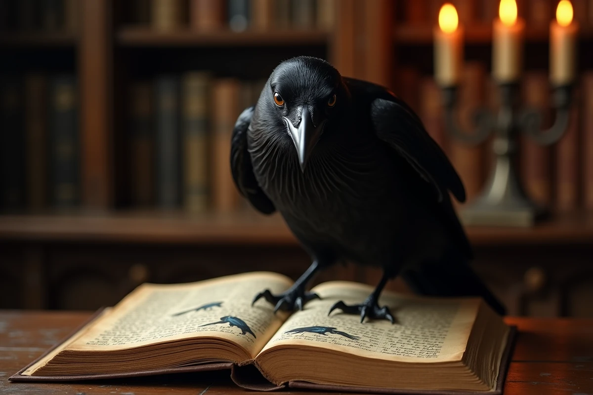 Corbeau posé sur un vieux livre ouvert dans une bibliothèque ancienne, symbole des contes et légendes sur les corbeaux